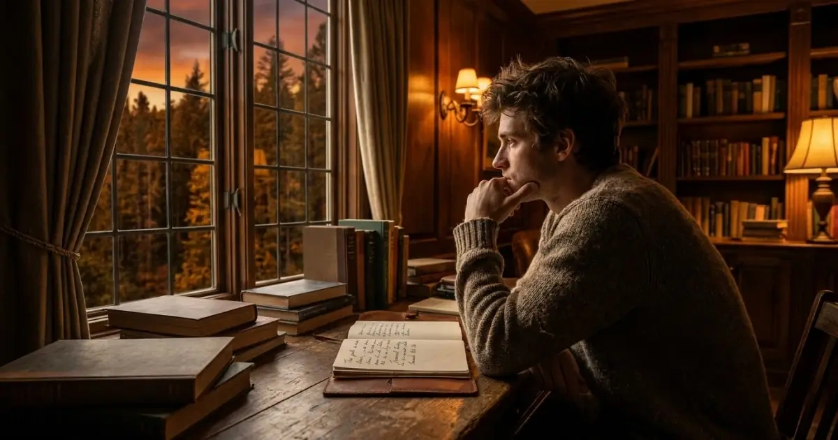 Man reflecting at a library desk representing a parent testing and imagining name rankings