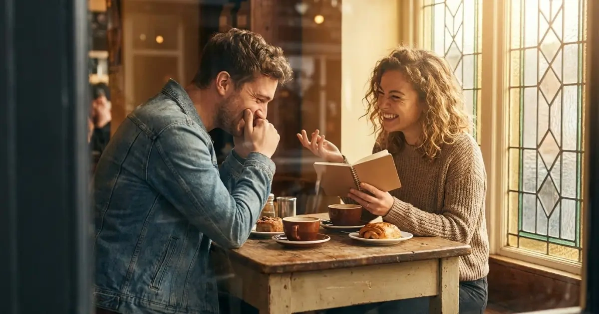 A young couple laughing and discussing name sounds at a cozy cafe