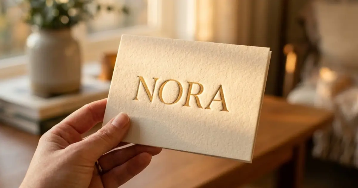 An embossed name card catching warm light, showing how a choice becomes more believable over time.