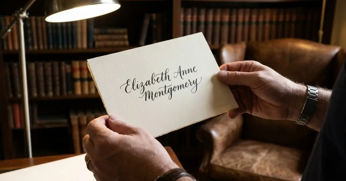 Hands holding a calligraphy card to test the flow and rhythm of regal baby names.