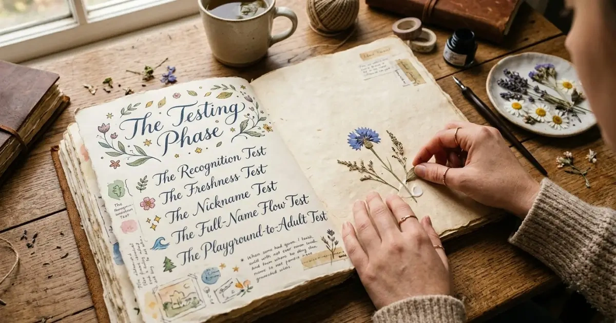 A creative hand-drawn checklist detailing practical tests for finalizing traditional baby names.