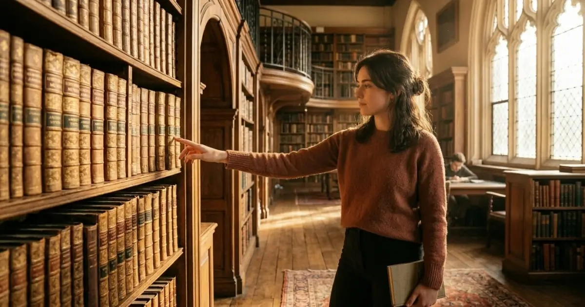 A young woman browsing classic books in a sunlit library, symbolizing timeless names that stay alive.