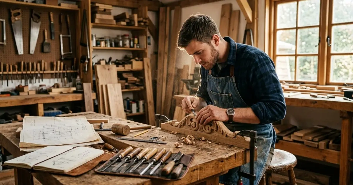 A craftsman working with wood, representing grounded and strong timeless names for boys.