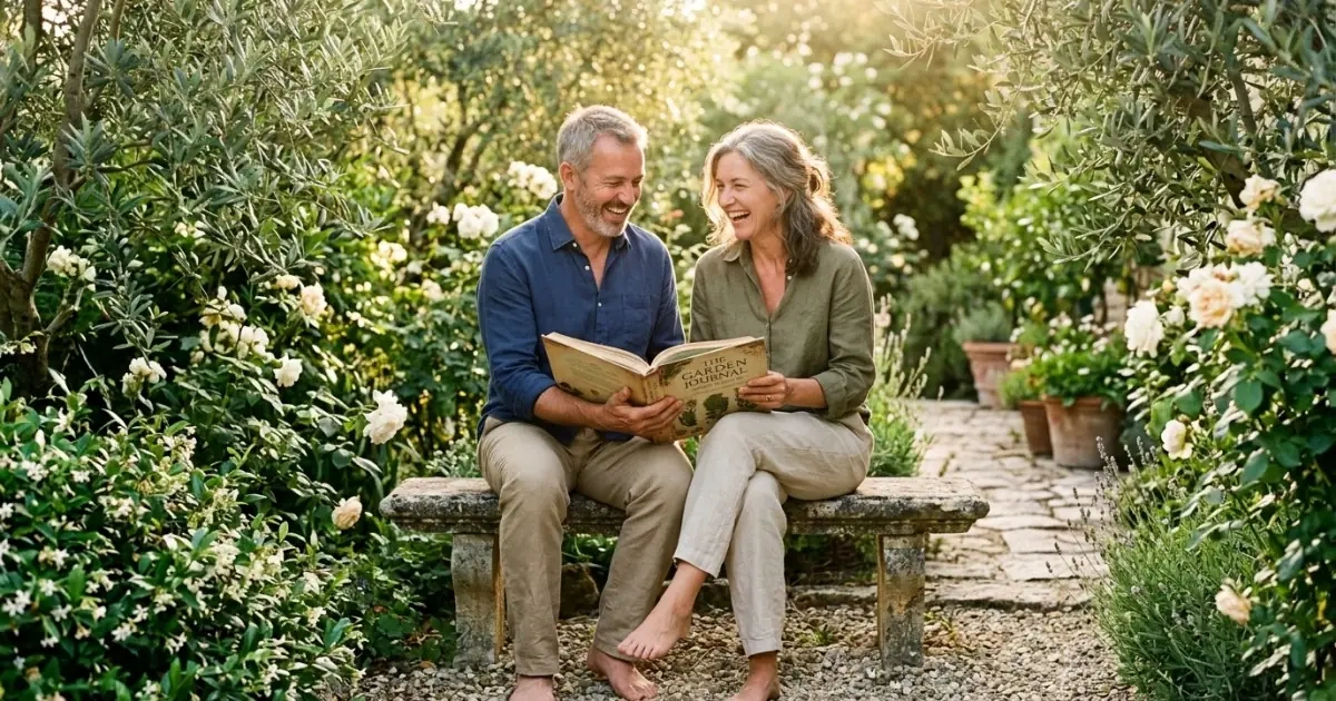 Two adults sharing a book in a garden, illustrating shared stability for sibling names.