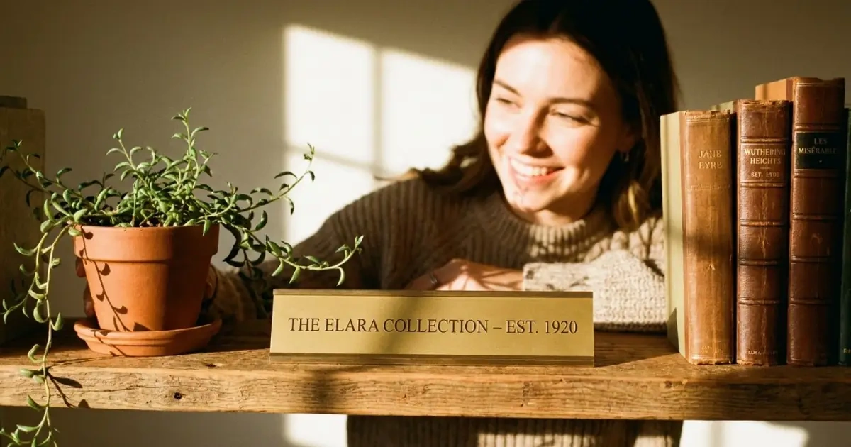 A classic traditional name beautifully displayed on a shelf in a warm room