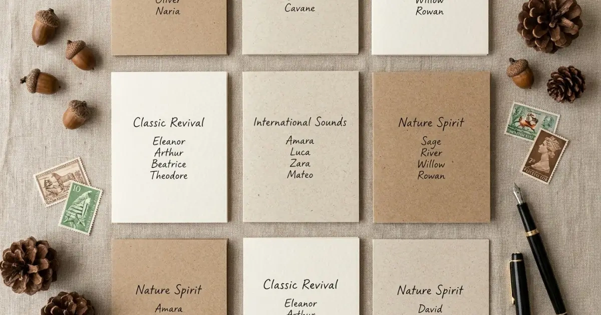 An organized flat lay of cardstock panels showcasing different trending baby name categories