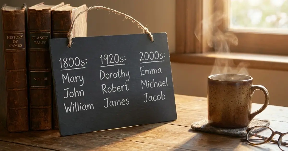 A cozy family chalkboard showing chronological lists of trending baby names over years