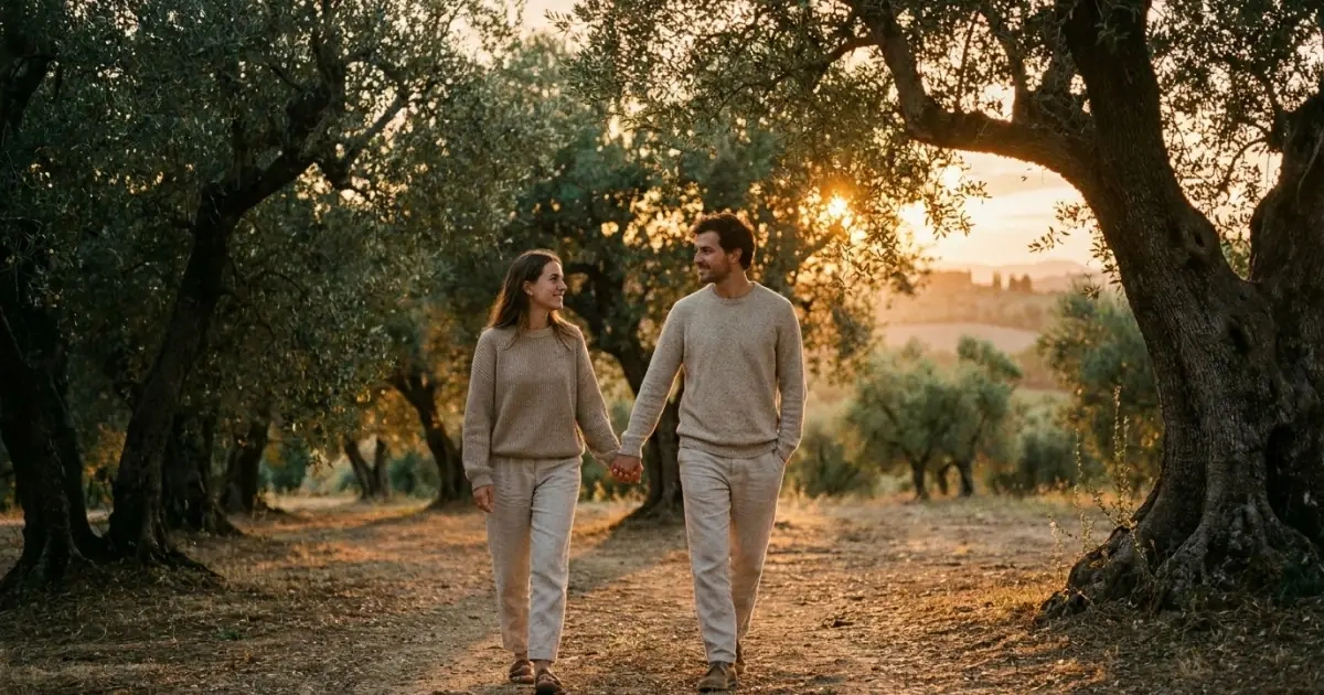 A couple walking through an ancient olive grove representing stable and safe name choices