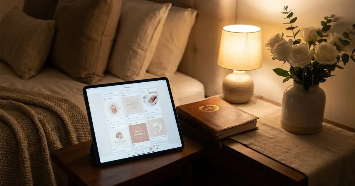 A bedside table with a tablet showing social birth announcements next to a classic paper diary