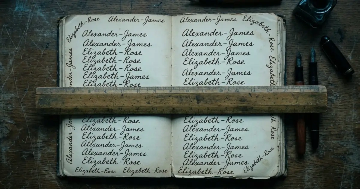 An open notebook showing crowded handwritten middle names balanced by a heavy wooden ruler