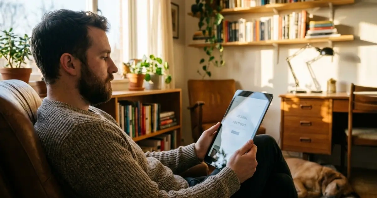 A father in a warm home office considering name usability for digital life