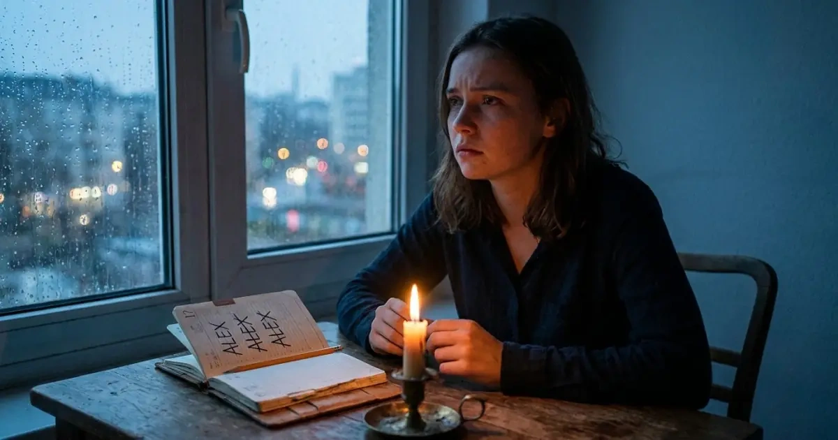 A thoughtful woman at a desk with a crossed out name list in her planner at twilight