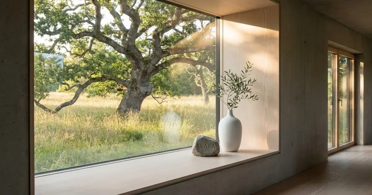 An olive branch on a windowsill blending timeless nature with modern style elements
