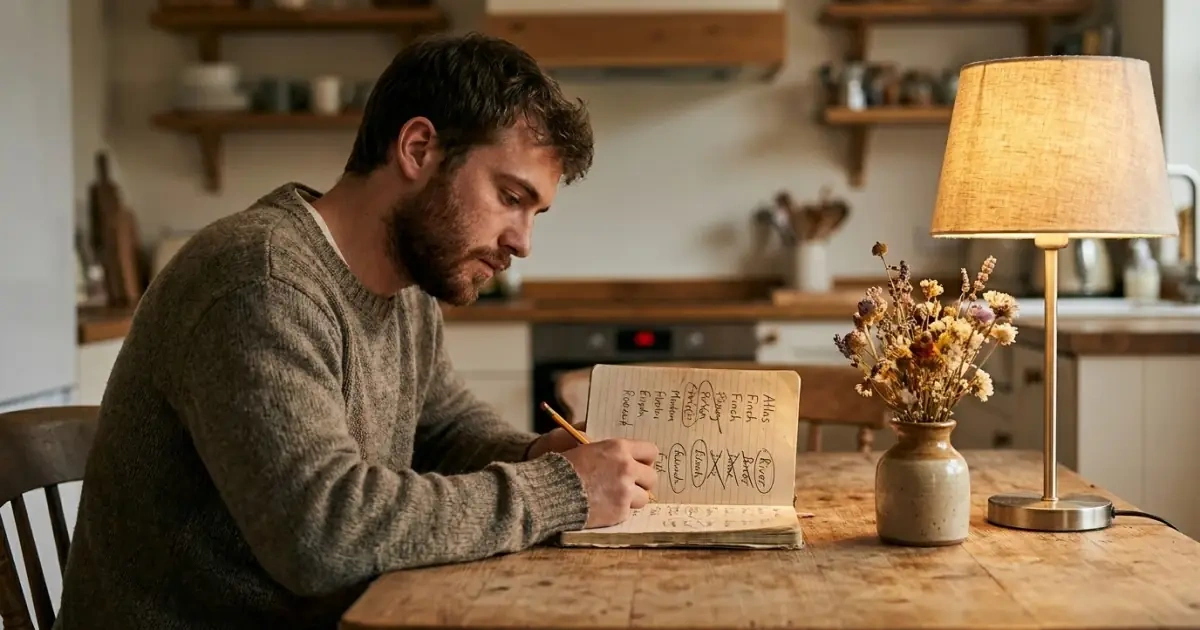 Young father organizing baby name ideas in a structured notebook at a wooden table.