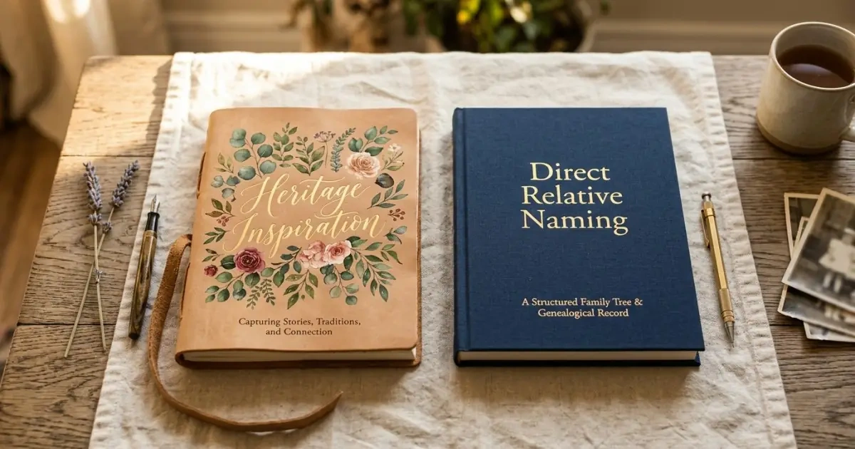 Two journals comparing general heritage inspiration with direct relative namesake naming