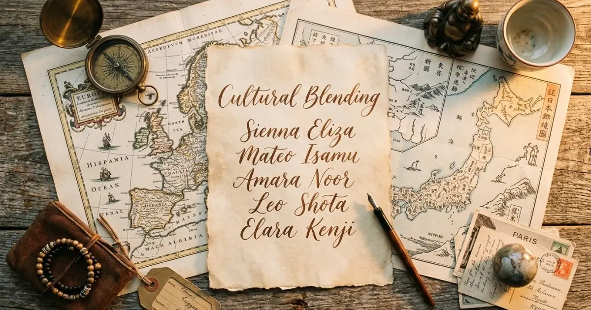 Artistic flat lay with maps and calligraphy representing multicultural family heritage baby naming