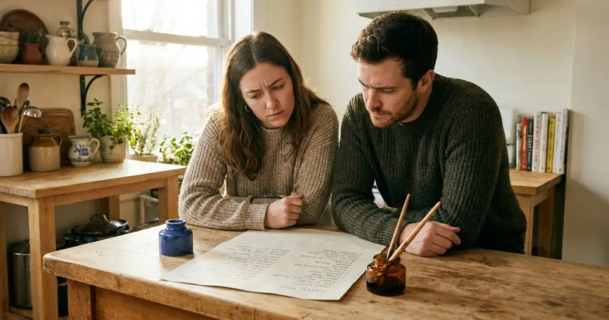 A young couple discussing family baby names across a rustic kitchen table