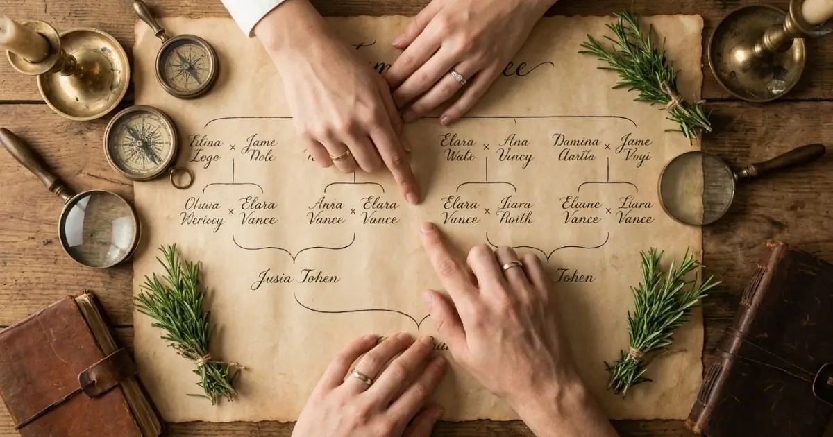 Hands tracing an ancestral name variant on a vintage family tree document