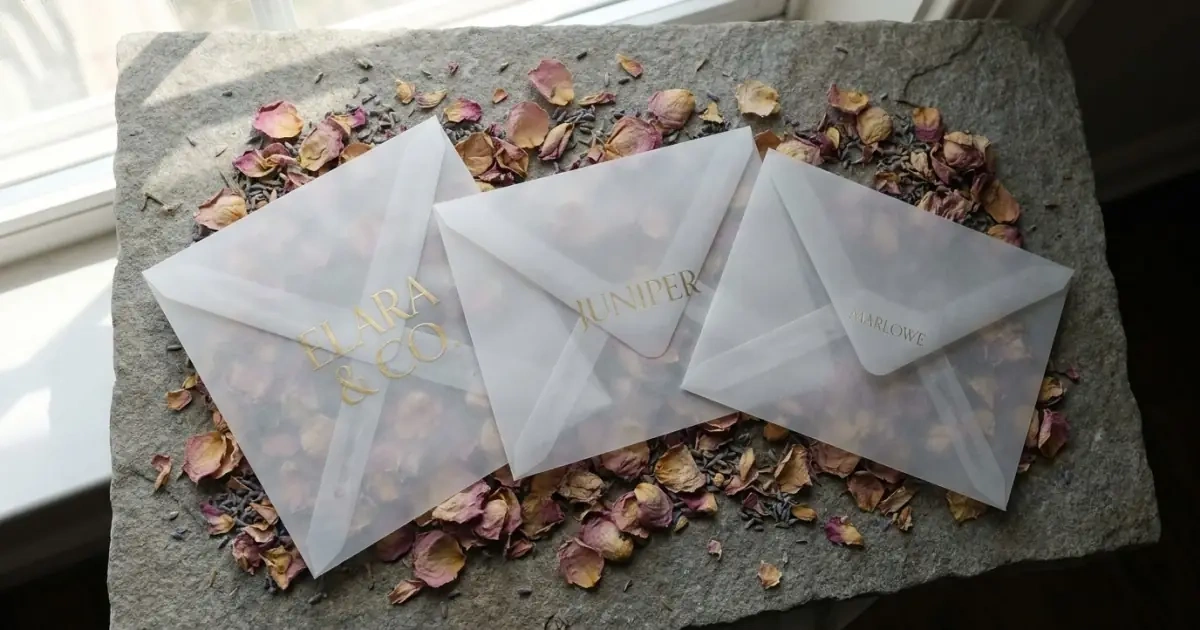 Translucent vellum envelopes revealing embossed gold names in varying sizes and visibilities