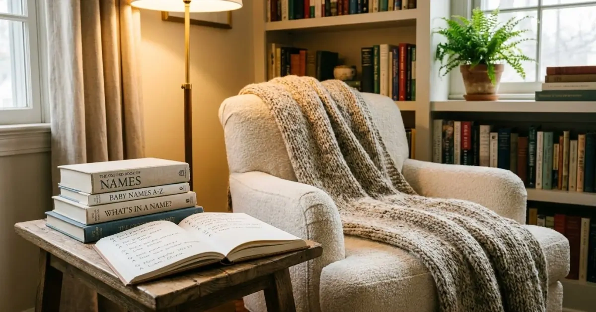 A cozy reading corner with books representing common questions about warm baby names.
