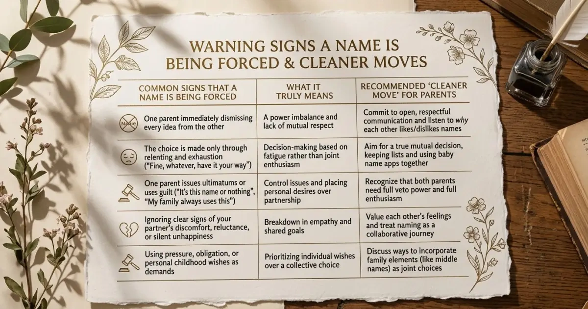 An elegant editorial table detailing warning signs when forcing a name choice