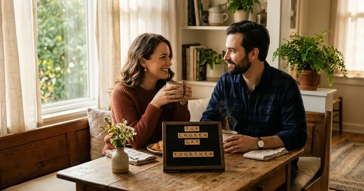 Young parents sitting in a sunlit kitchen having a mindful talk about what if we can't agree on a baby name