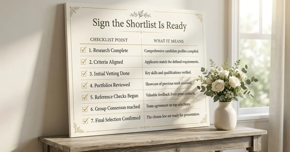 A gold-accented checklist infographic showing the signs that a shortlist is strong enough.