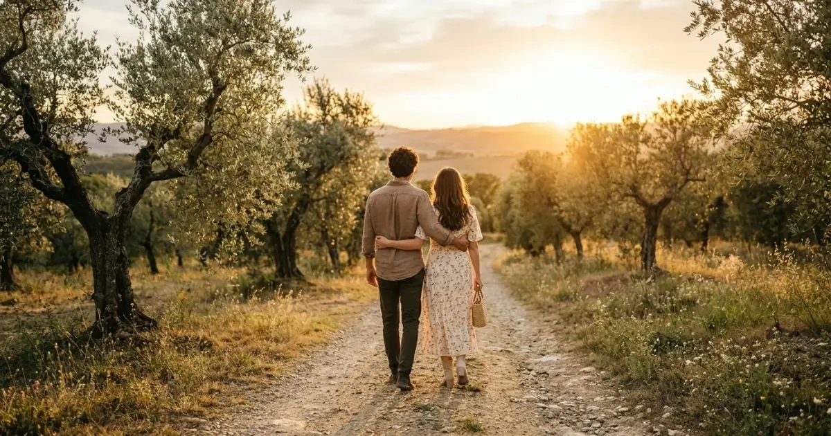 A couple walking down a sunlit path, representing the final steps in choosing a baby name with confidence.