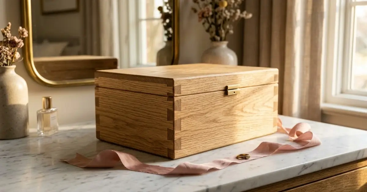 A sturdy, beautifully crafted oak jewelry box under warm sunlight, showing durable quality