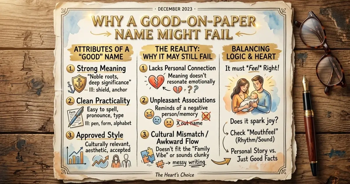 An artistic editorial chart explaining why logical name choices sometimes lack emotional connection