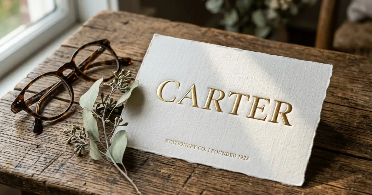 Polished surname-style baby name Carter embossed in elegant gold text on linen card
