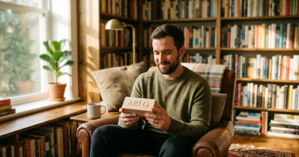 A young father in a warm library holding a name block with a peaceful expression