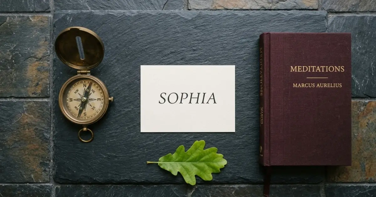 A classic serif name card surrounded by a brass compass, classic literature, and a green leaf.