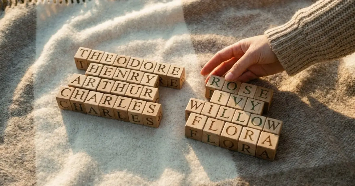 Grouping a baby name list by style patterns using wooden alphabet blocks on a blanket.