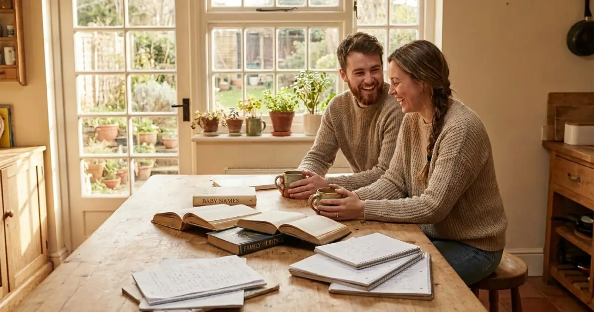 Young parents happily discussing baby names for digital life over tea in a kitchen.