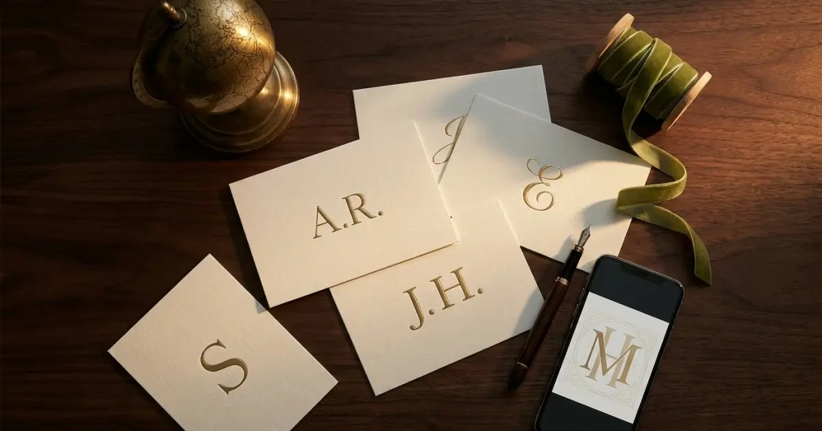 Monogrammed stationery cards on a dark walnut table testing baby names for social media age.
