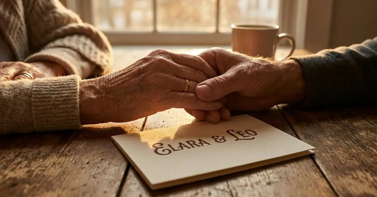 Parents hands joined over a name card showing names that work in real life.