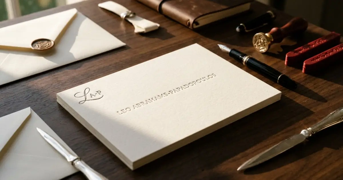 Elegant family stationery displaying a full baby name combined with a long international surname.