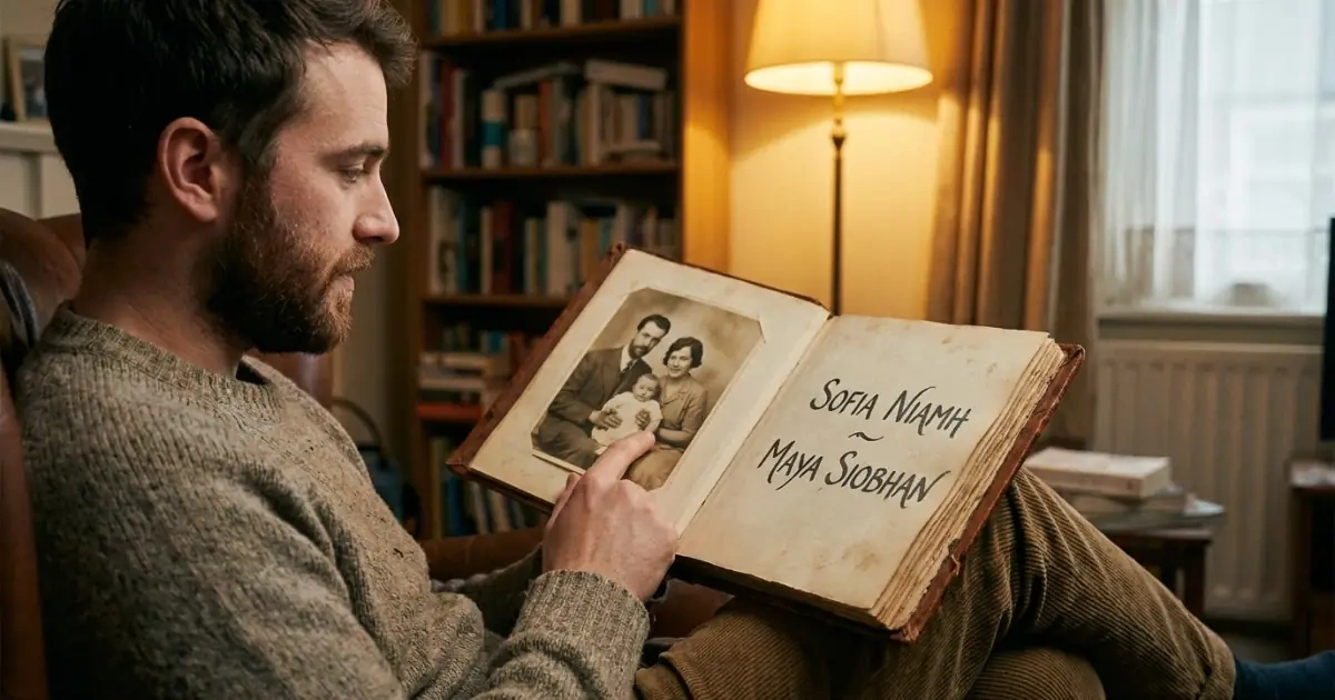 A father looking at family history to choose baby names with cultural spelling placement