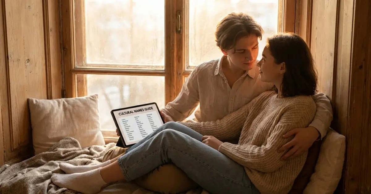 Young parents discussing common questions about choosing cultural names respectfully in their cozy home.
