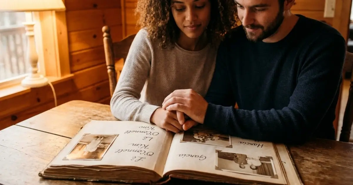 A young couple reviewing family lineage to choose heritage baby names from their respective cultures.