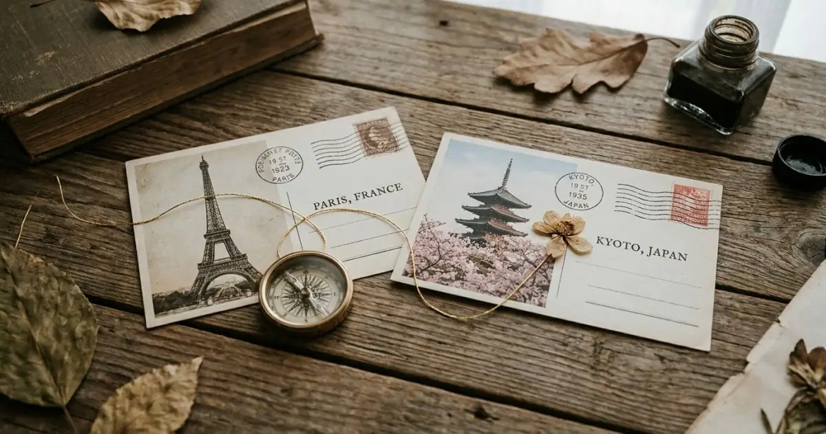Two international postcards linked by gold thread representing cultural baby name meaning as a bridge.