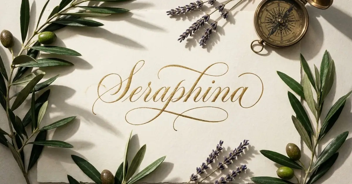 An elegant flat-lay of gold calligraphy and olive branches exploring cultural baby name meaning depth.