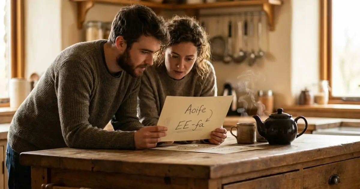 Young parents practicing cultural baby name pronunciation using a handwritten guide