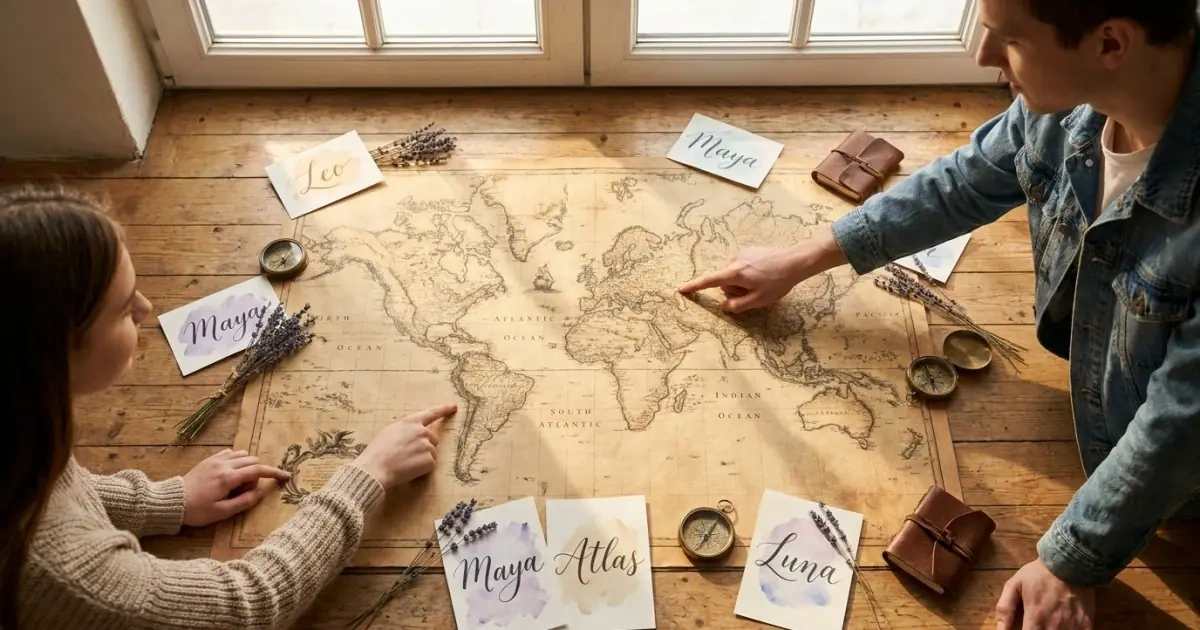 An artistic map layout helping parents choose expat baby names based on relevant countries.
