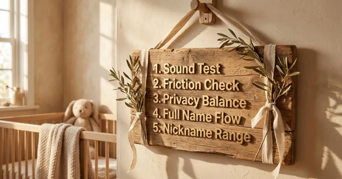 A rustic wooden board framework outlining steps for modern baby name usability.