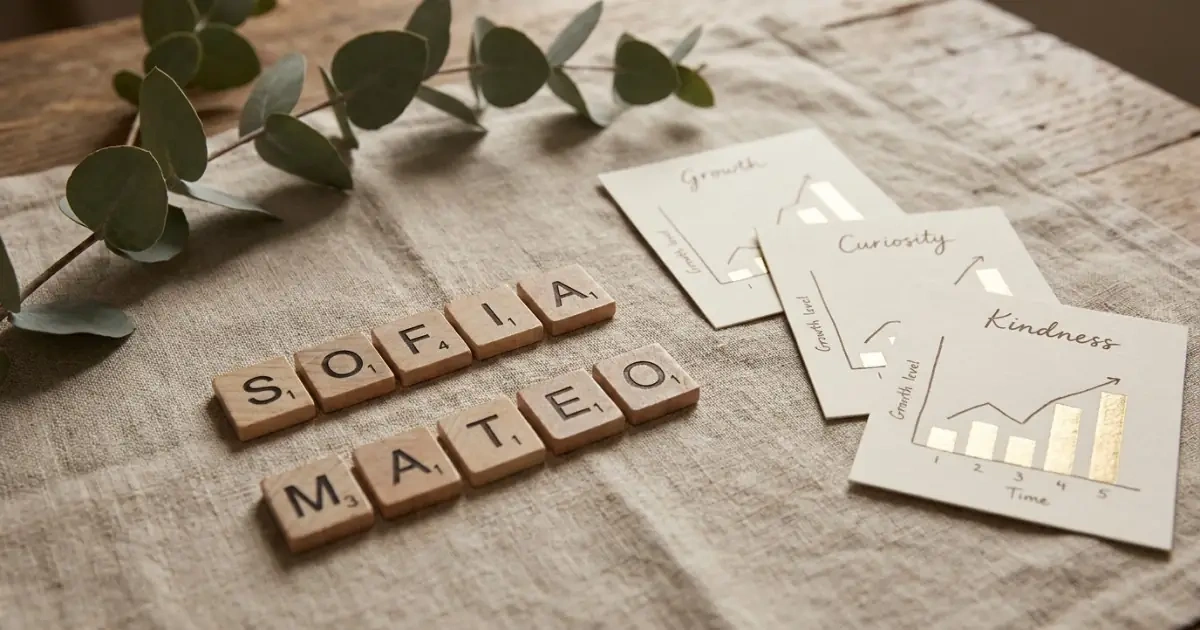 Wooden alphabet tiles showing globally usable baby names across different cultural trends.