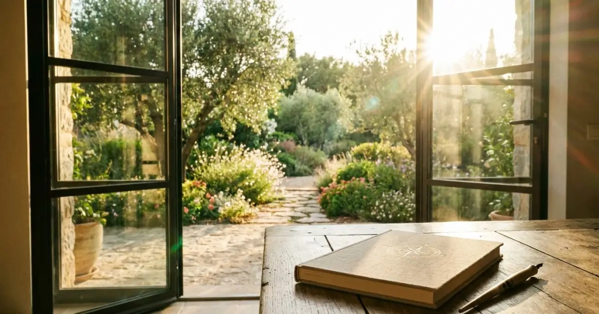 An open doorway to a sunny garden symbolizing roots and range for globally usable baby names.