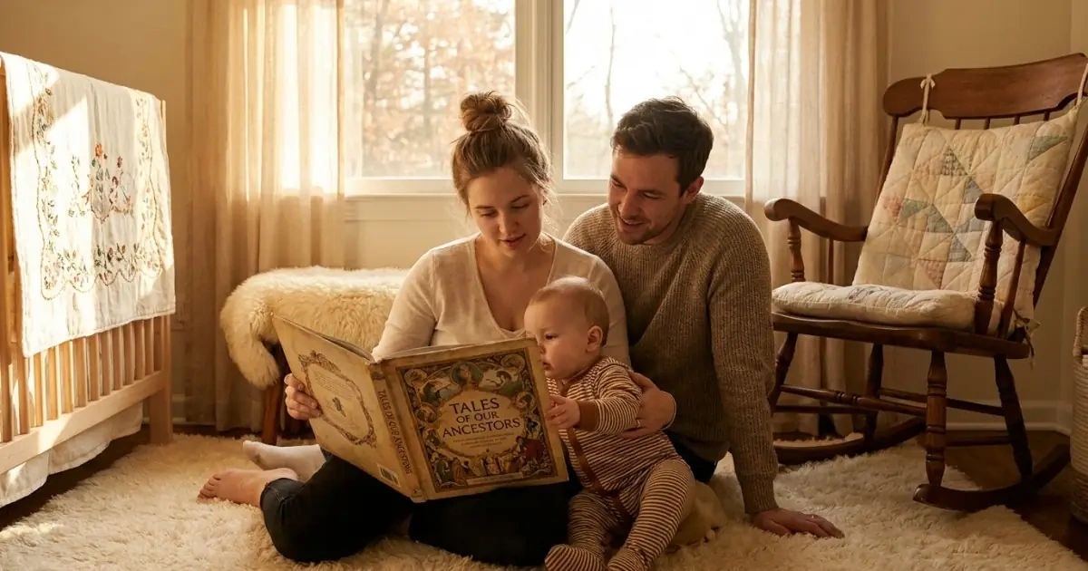 Young parents sharing a heritage name spelling story in a warm nursery