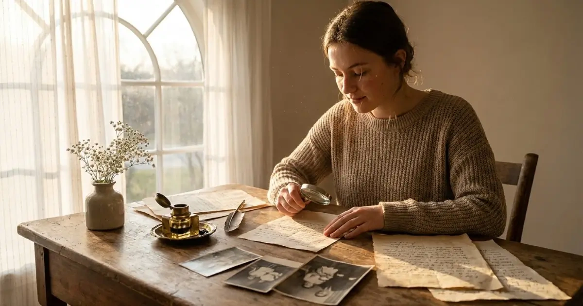 A young woman examining traditional documents to understand a name with cultural spelling
